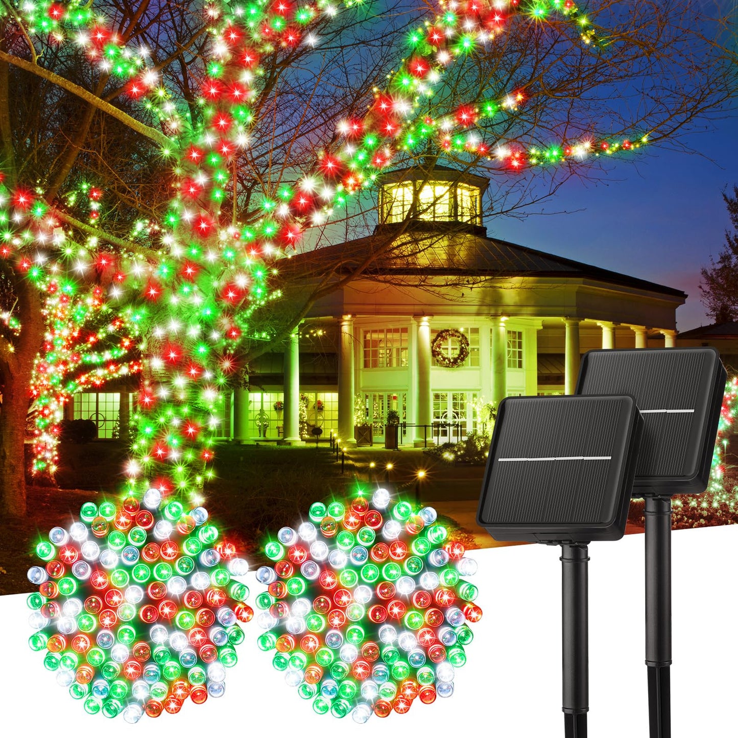 Rynx | Minetom Solas Christmas Lights Outdoor Waterproof, 2 Packs Total 80 Feet 200 LED Solar Lights with 8 Modes, Solar Christmas Outdoor Decoration, Solar String Lights for Outdoor House Tree, Red Green & White