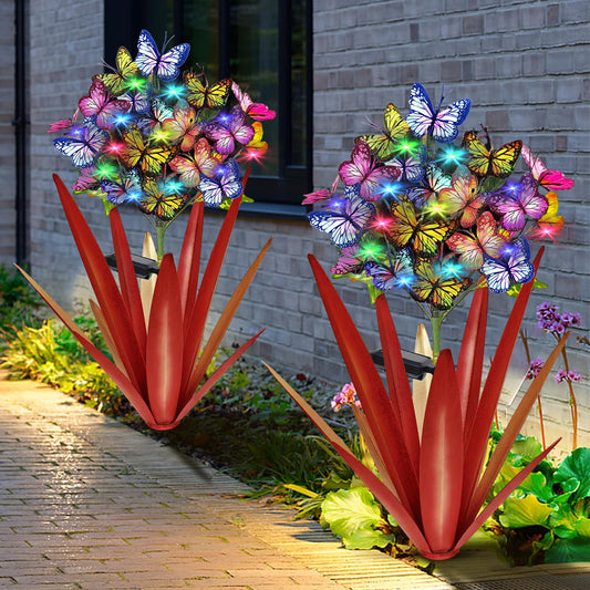 Rynx | Homight Solar Metal Agave Butterfly Flower Stake Garden Sculpture Outdoor Gift Solar Garden Christmas Lights Swinging Butterfly Garden Lights Solar Outdoor (2 pcs Red)