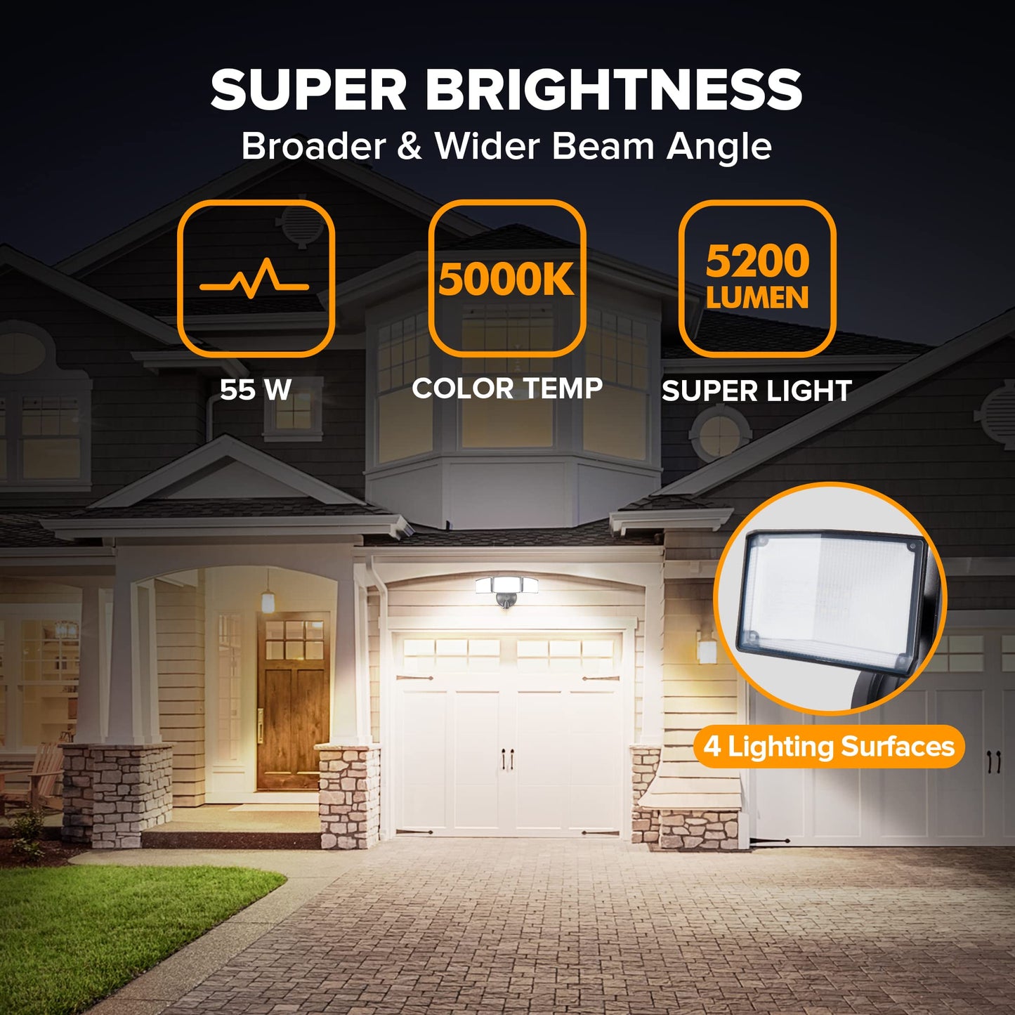 Rynx | Lutec 55W Led Floodlight, 5200Lm, 3 Adjustable Heads, Ip65 Waterproof, Black