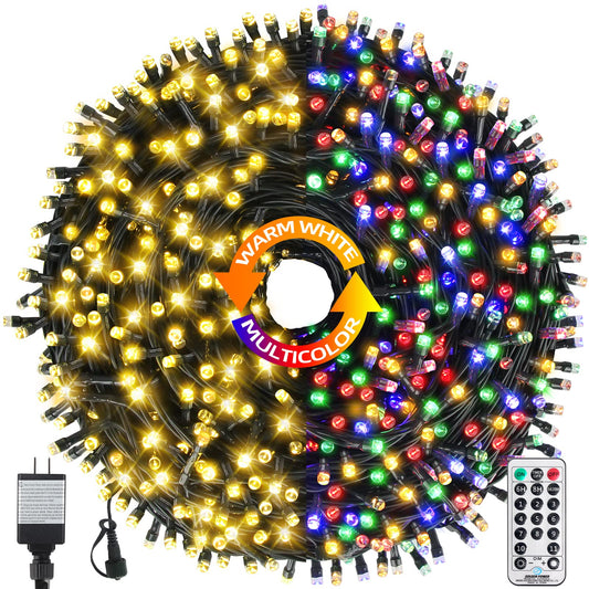 Rynx | Mzd8391 168Ft 500 Led Christmas lights Outdoor Indoor, Waterproof Color Changing Christmas Tree Lights For Christmas Decorations With Timer, Memory [11 Lighting Modes] (Warm White+Multicolor)