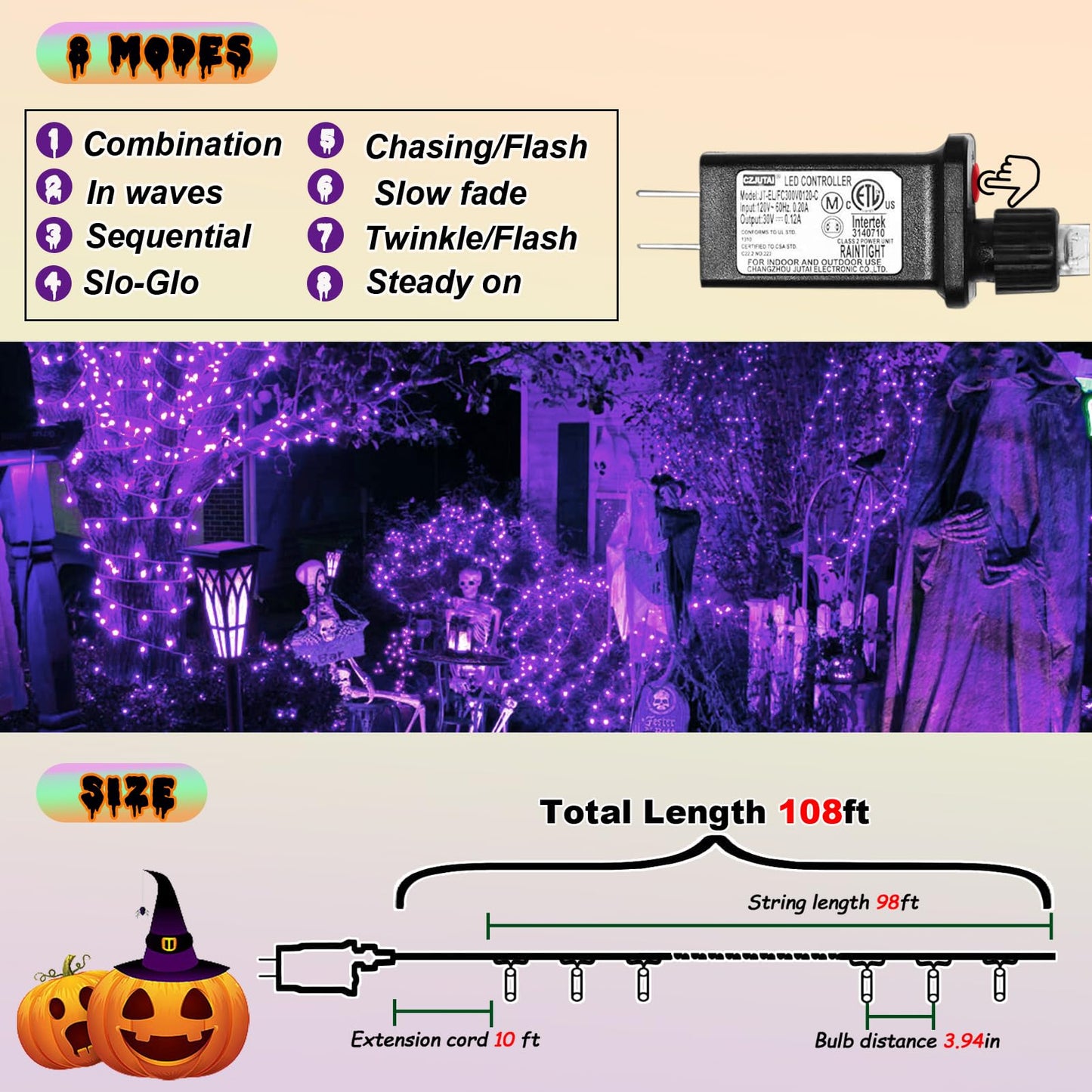 Rynx | Illuminew 300 Led Purple Outdoor Light String - Waterproof Halloween Decor, 108 Ft, 8 Modes