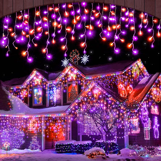 Rynx | Halloween Icicle Light Sources Outdoor, 512 Led 46.5 Ft 8 Lighting Modes With Timers & Memory, Curtain Fairy Light Sources With 96 Drapes For Halloween Decorations Holiday Party Gutter Garden (Purple & Orange)