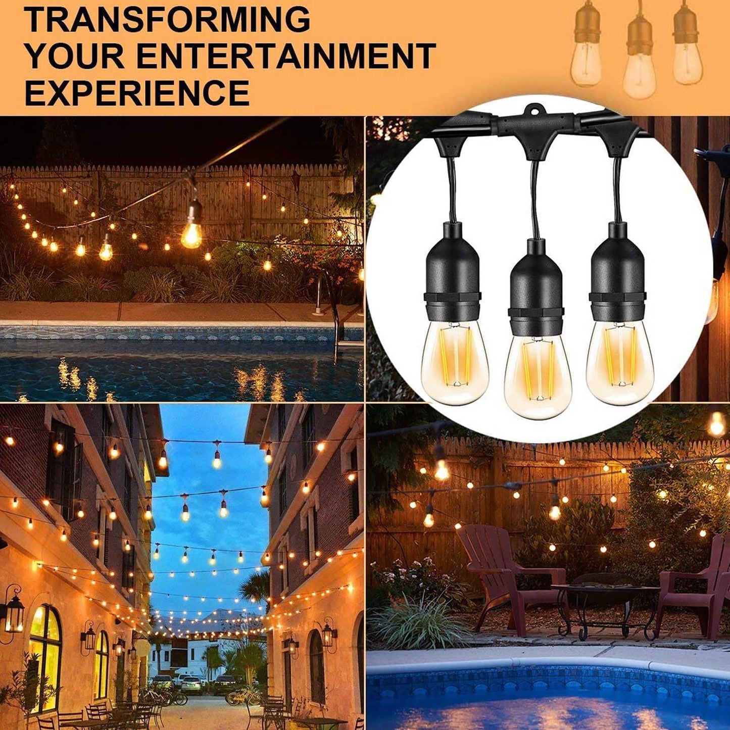 Rynx | Banord 96Ft Outdoor String Lights, 30 Dimmable Shatterproof Led Bulbs, Warm White, Waterproof
