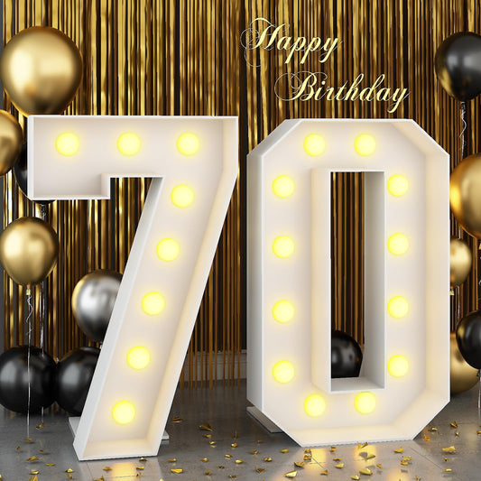 Rynx | 4Ft Light Up Number With Track 70 Light Up Bulbs White Marquee Frame For Men Women 70th Birthday Celebration Decorations Pre-cut Mosaic Cardboard Large Cutout Thick Foam Boards Sign Jubilee