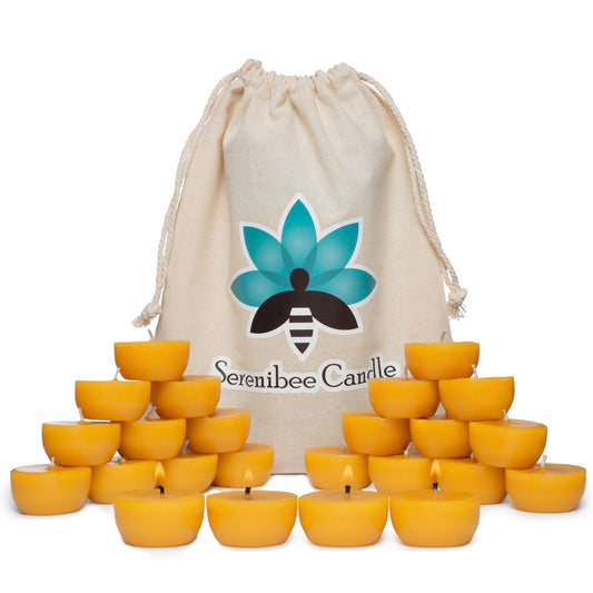Rynx | Serenibee Light 100% Pure Beeswax Tealights With Two Customized Reusable Glass Candle Holders And Reusable Cotton Bag Eco-friendly Gift Set (24)