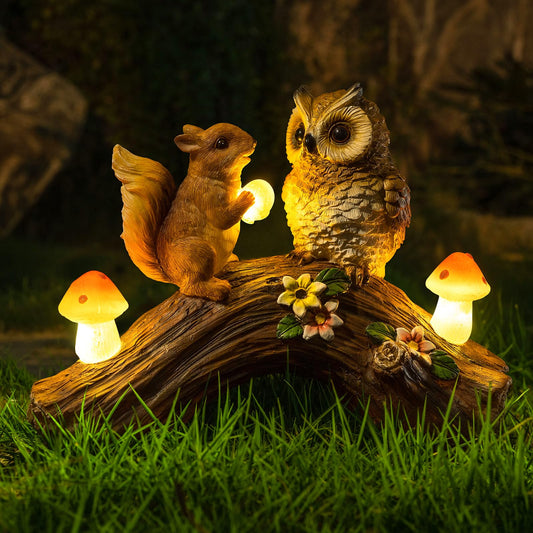 Rynx | Wondhome Solugle Garden Statues Outdoor Decoration Resin Owl Squirrel Figure With Mushroom Light For Terrace Garden Lawn Decorations Christmas Gift Home Warming Garden Gifts For Women Mother