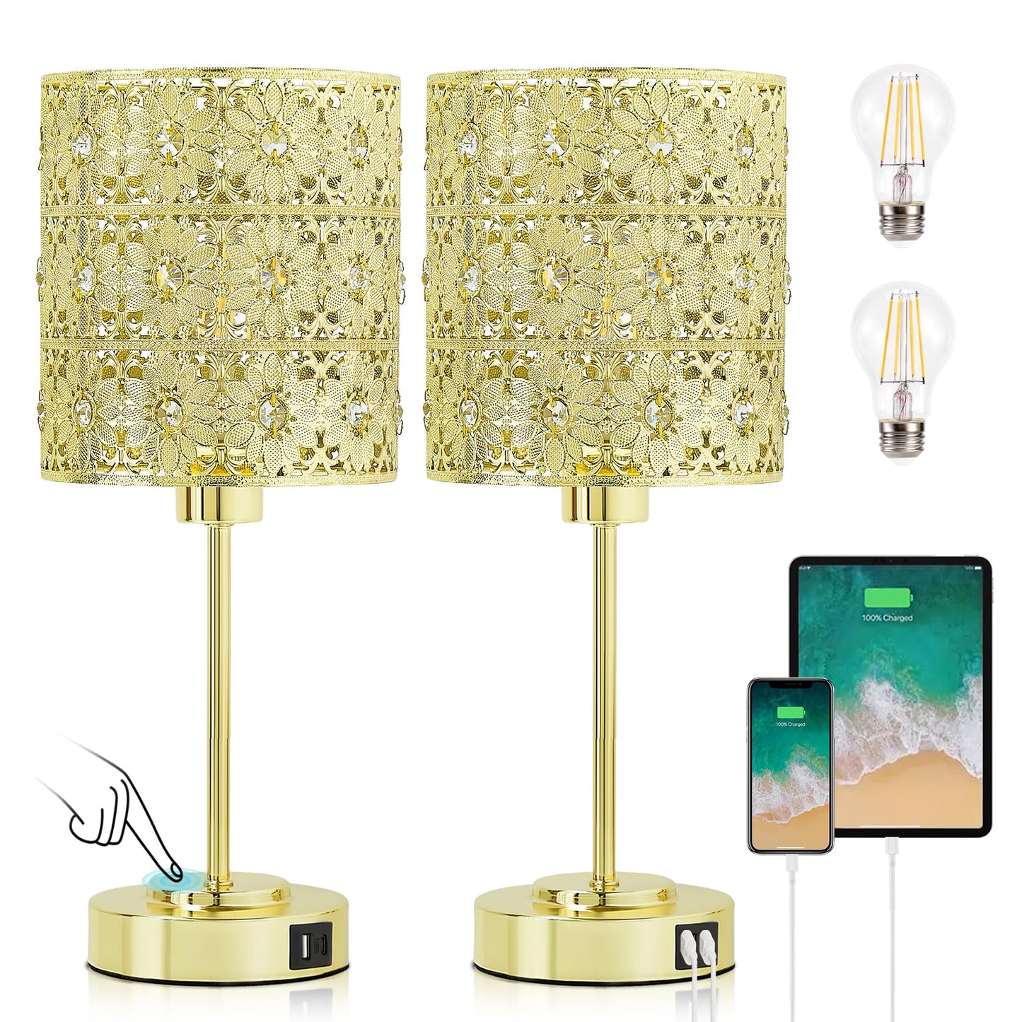 Rynx | Gyrovu Gold Lamp Set of 2, Touch Control Table Lamp with USB C+A Ports, 3 Way Dimmable Lamp with Metal and Crystal Shade, Modern