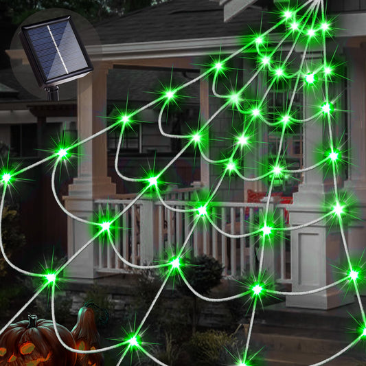 Rynx | Solar-powered outdoor Halloween decorations spider web lights, 14.8 X 16.4 Ft triangular white spider web with 135 LED green lights, large size solar Halloween decor…