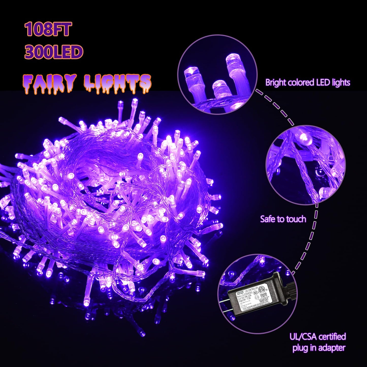 Rynx | Illuminew 300 Led Purple Outdoor Light String - Waterproof Halloween Decor, 108 Ft, 8 Modes