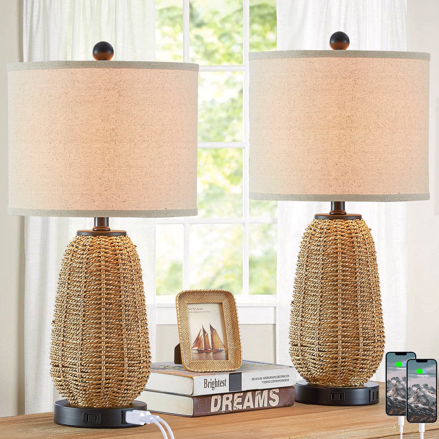 Rynx | Cinsary Touch Control Rattan Table Lamps, 3 Way Dimmable Bedside Lamps For Bedroom Set Of 2 With 2 USB Ports And AC Outlet, Grass Rope Nightstand Lamps For Living Room Office (2 LED Bulbs Included)