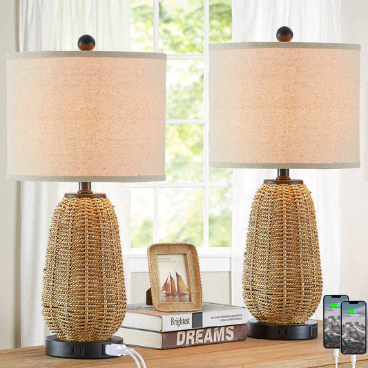 Rynx | Cinsary Touch Control Rattan Table Lamps, 3 Way Dimmable Bedside Lamps For Bedroom Set Of 2 With 2 USB Ports And AC Outlet, Grass Rope Nightstand Lamps For Living Room Office (2 LED Bulbs Included)