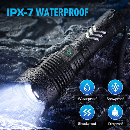 Rynx | Sinvimes 990000Lm Rechargeable Tactical Flashlight, Zoomable, 6 Modes, IPX7 Waterproof, Black