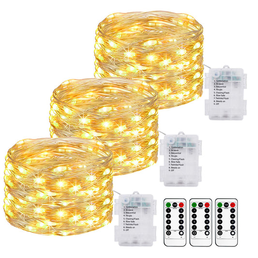 Rynx | Litogo 3 Pack 10M 100 LED Fairy Lights Battery Operated With Remote Control And Timer, Ip65 Waterproof Flashing Lights Battery Operated 8 Modes Silver Copper Wire Lights For Outdoor Indoor Christmas Deco