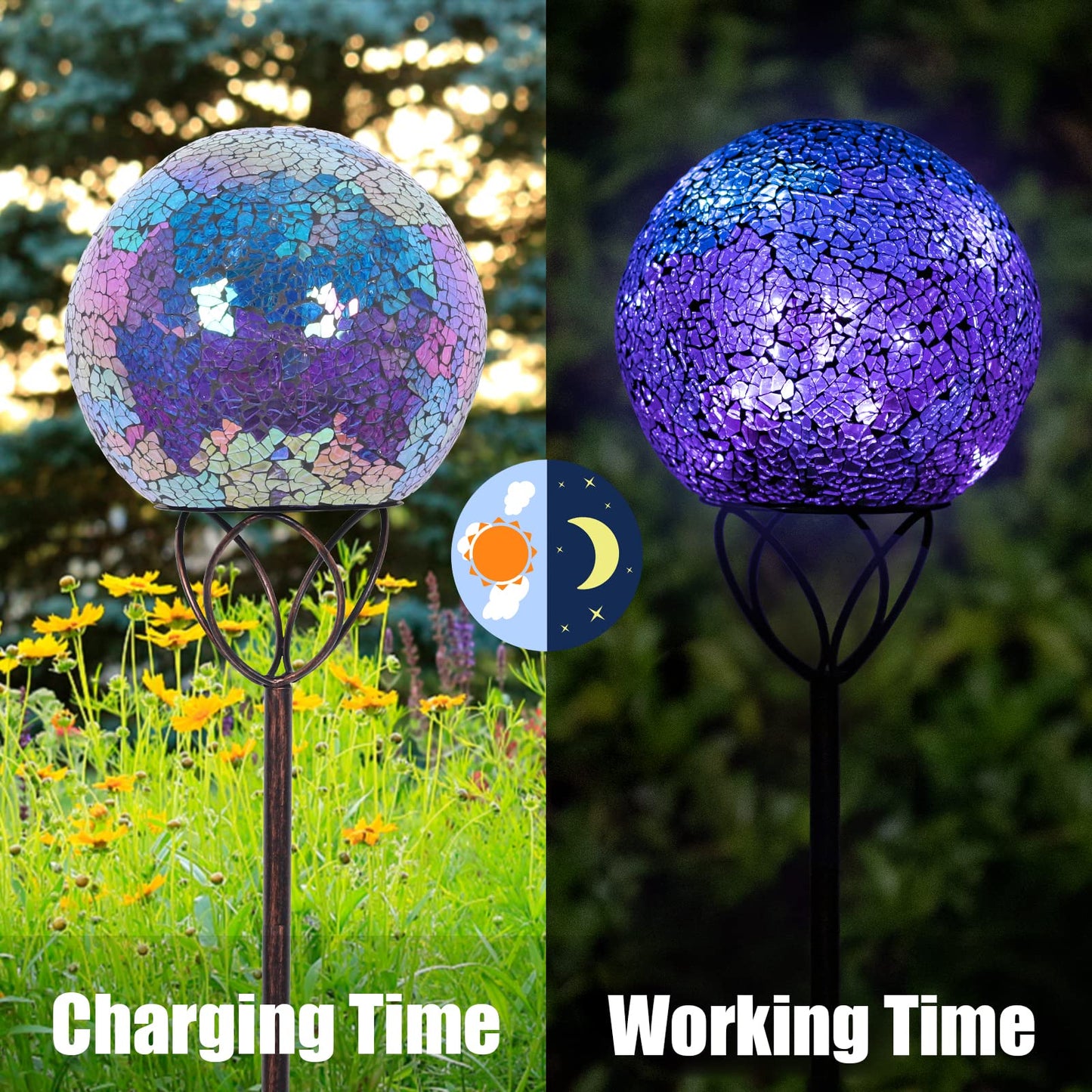Rynx | Vcuteka Mosaic Solar Garden Lighting - Waterproof Glass Ball LED Stake Light, Purple, 6 Inches
