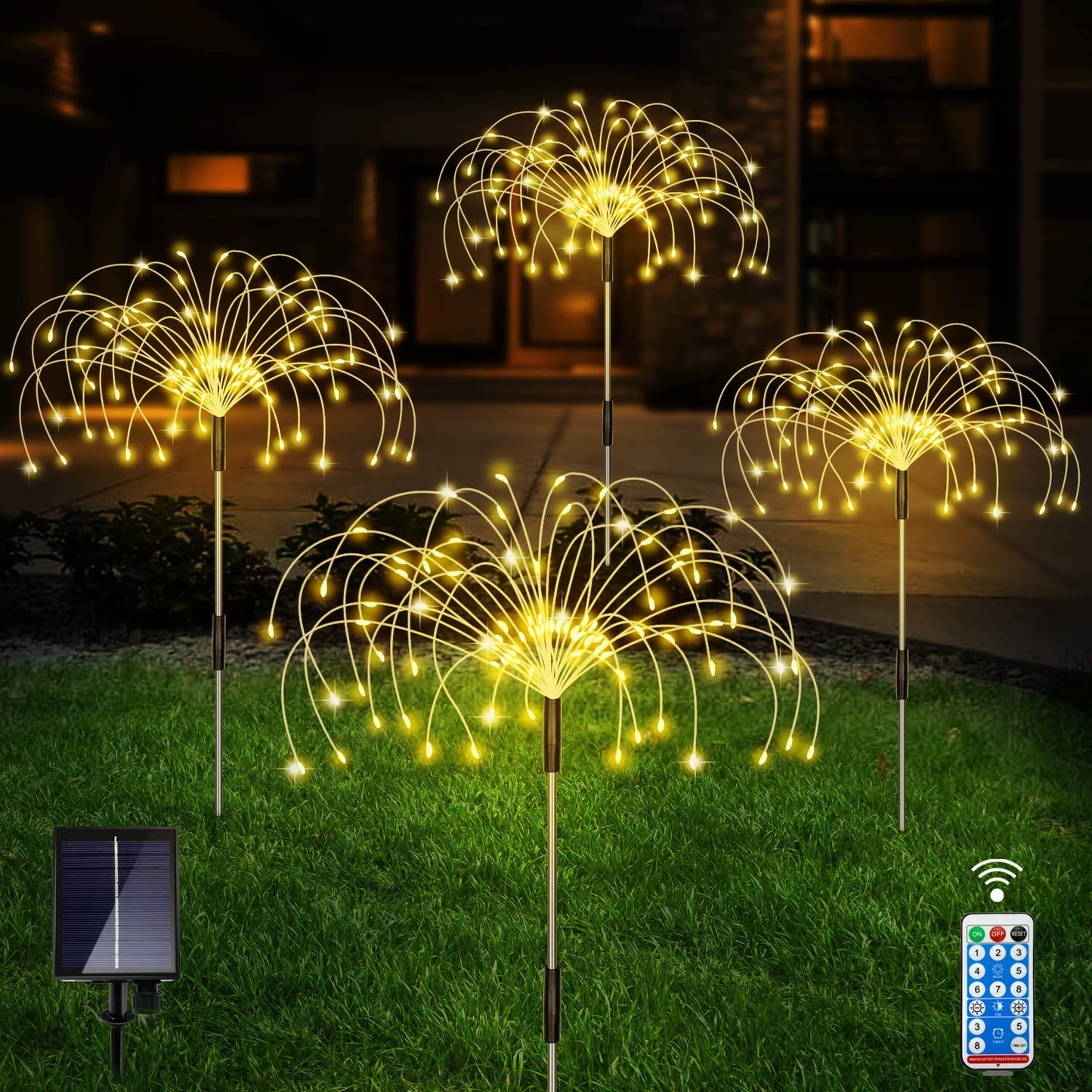 Rynx | Sunlight Outdoor, Warm White Garden Lighting, 4 Pack Firework Lights with 120 LED Starburst String Lights 8 Modes Fairy Lights with Remote Control, Wedding Christmas, Grass Backyard Party Patio Decoration