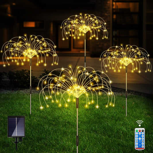 Rynx | Sunlight Outdoor, Warm White Garden Lighting, 4 Pack Firework Lights with 120 LED Starburst String Lights 8 Modes Fairy Lights with Remote Control, Wedding Christmas, Grass Backyard Party Patio Decoration
