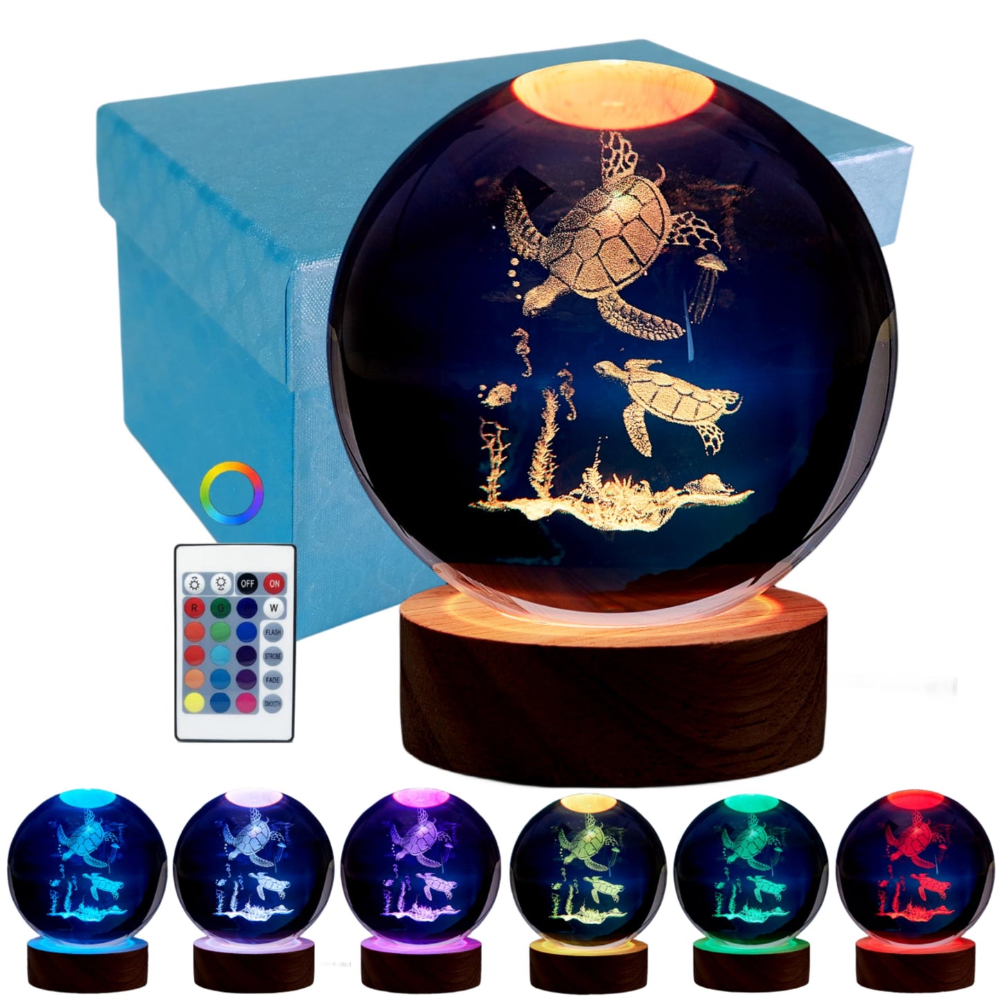 Rynx | 3D Sea Turtle Crystal Ball Lamp, Upgraded 3.15 Inches Sea Turtle Crystal Ball Night Light With 16 Colors LED Wooden Base, Remote Control C