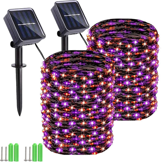 Rynx | Orange Purple Halloween Lights, 2 Pack 55Ft 150 Led Solar Halloween String Lights, 8 Modes Waterproof Black Copper Wire Halloween Lights For Trees, Gardens, Yards, Parties, DIY Outdoor Halloween Decorations
