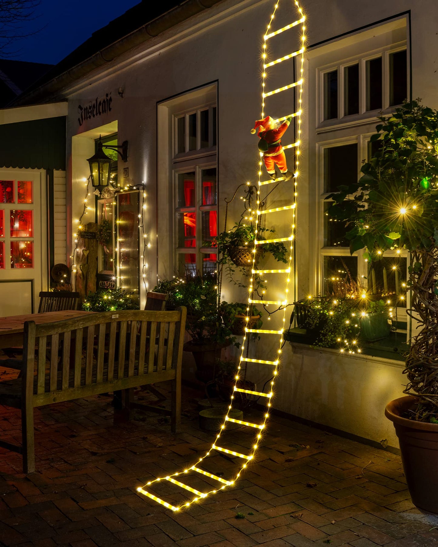 Rynx | Toodour LED Christmas lights - 10 feet Christmas decorative ladder lights with Santa, Christmas decoration lights for indoor and outdoor, window, garden, home, wall, Christmas tree decor ( warm white)