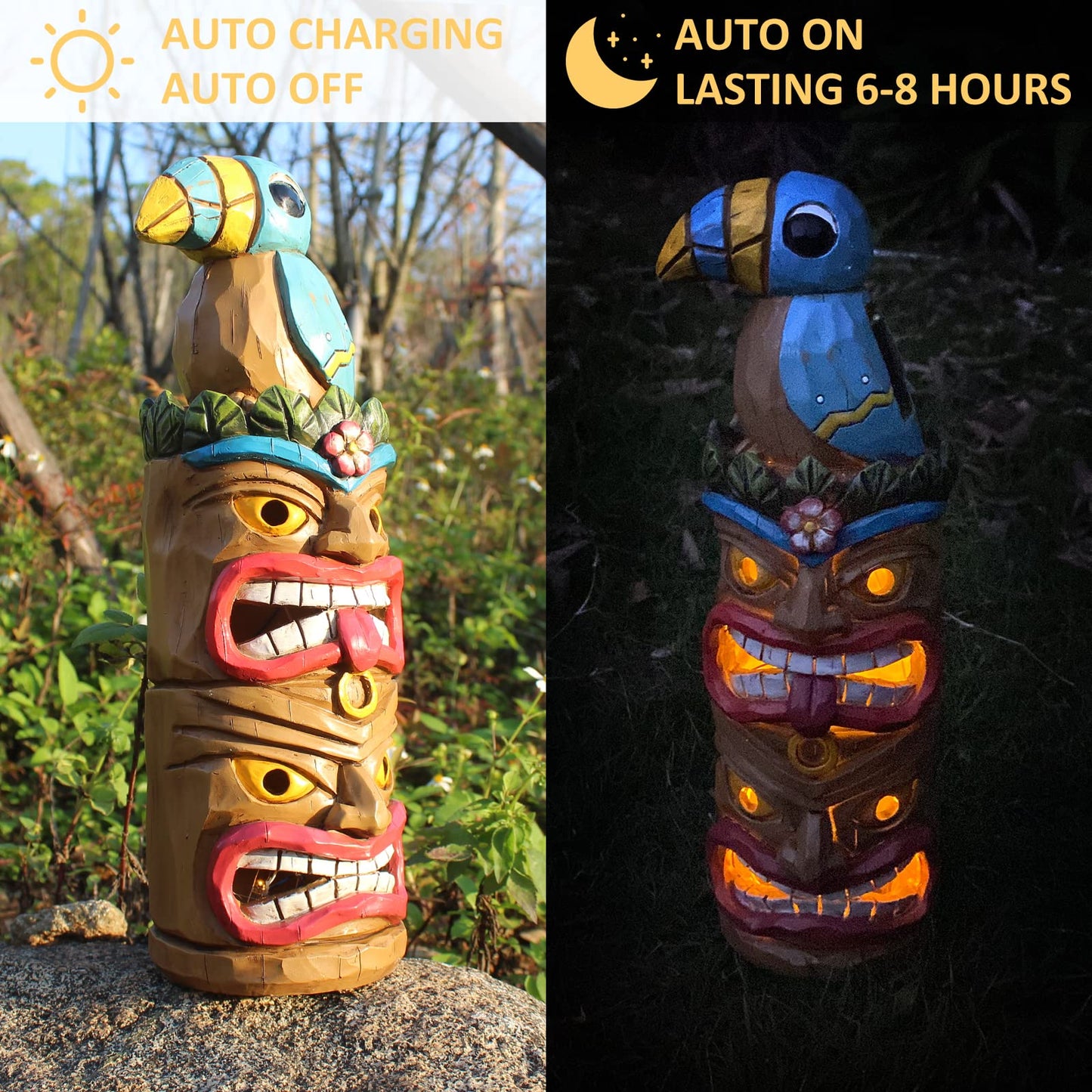 Rynx | Eptuega Tiki Totem Pole - 12.32" Solar Tiki Hut Decor For Outdoor Patio Garden, Woodpecker Bird