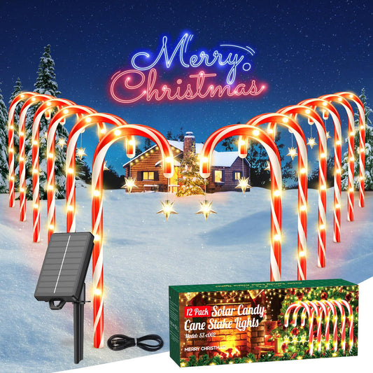 Rynx | Wdtpro Outdoor Christmas Decoration, 12 Pack 28.3 Foot Solar Powered 72 Led Christmas Candy Cane Lights With Stakes, 10 Lighting Modes
