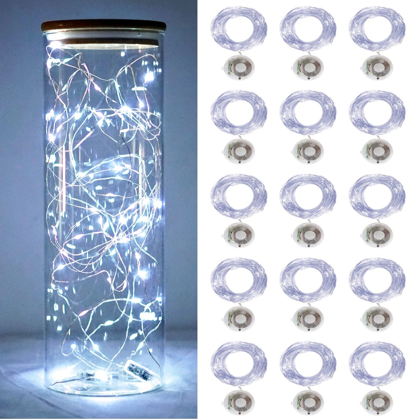Rynx | Twinkle Fairy Lights Battery Operated 3 Modes With Timer Glow Evening Light 20 Led On 7.2 Feet Silver Copper Wire For DIY Wedding Party Christmas Halloween Centerpiece Decorations 15 Pack (Cool White)