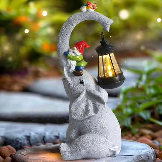 Rynx | Snowrabbit Elephant Statues Outdoor Furniture - Lucky Elephant Outdoor Statues With Solar Powered Lantern, Elephant Statue Gifts For