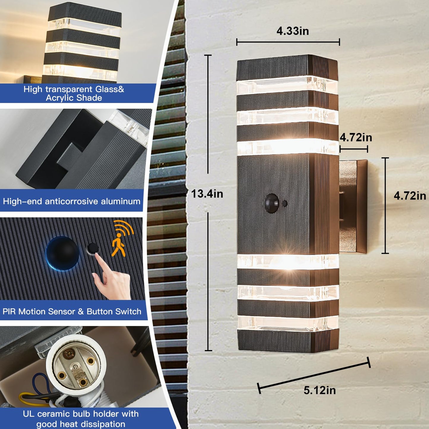 Rynx | Delicavy 2 Pack Motion Sensor Outdoor Wall Lighting, Twilight to Dawn Wall Lights with 4 Dimmable Bulbs
