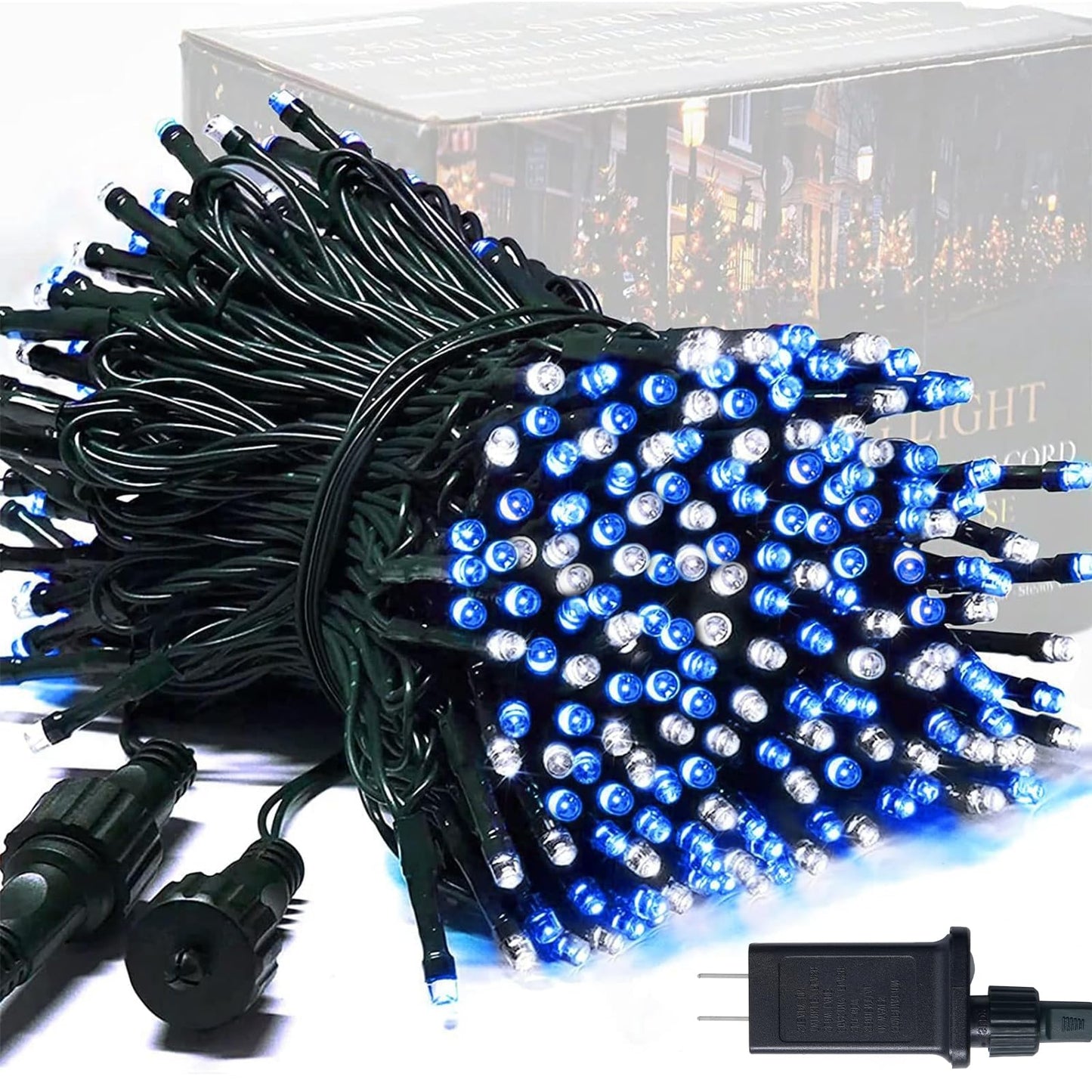 Rynx | Jmexsuss 250Led Christmas Light String 91.5Ft Expandable Green Wire Christmas Lights Outdoor Waterproof, 8 Modes LED Light String Indoor for Tree Wedding Party Garden Patio Decoration, Blue & White