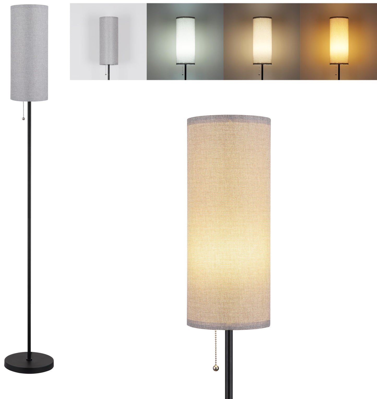 Rynx | Floor lamp for living room, modern standing lamps with lampshade, minimalist tall lamp with chain switch for living room, LED bulb included (gray shade)