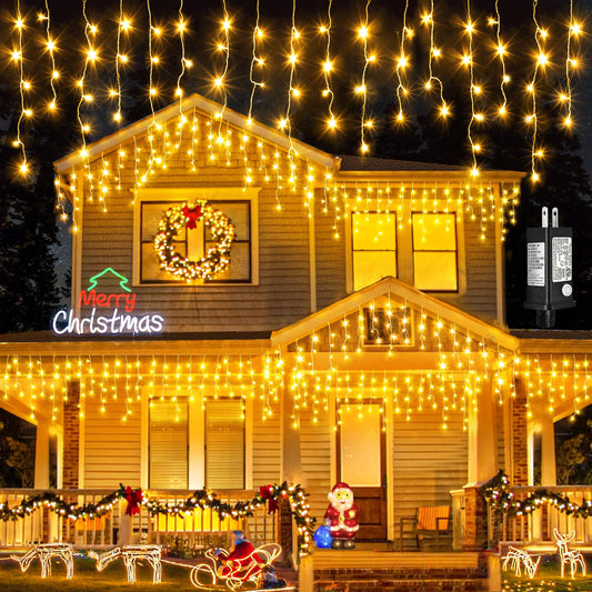 Rynx | Icicle Christmas lights outdoor, 10m 400 LED Christmas lights 8 modes waterproof with 75 drops, plug in flashing fairy lights for house indoor party holiday wedding decoration, warm white