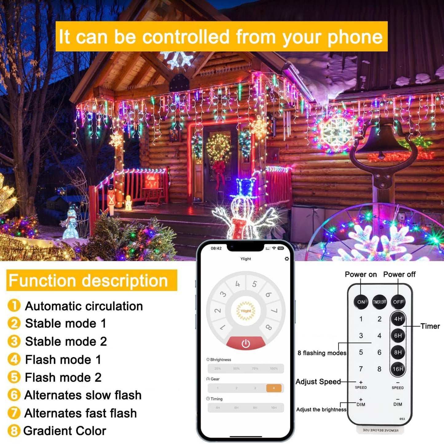 Rynx | Soshot 49Ft Christmas Light String - 640 Led, 8 Modes, Remote Control, Waterproof, Warm White to Multicolor