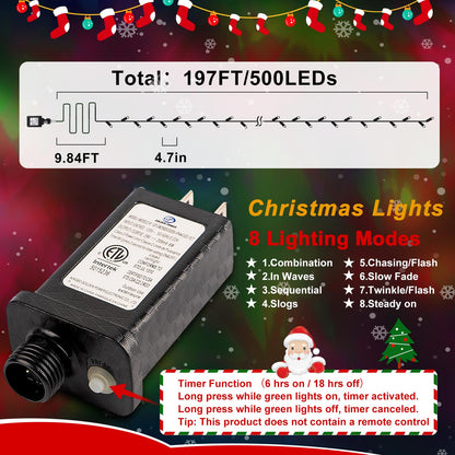 Rynx | Sauirs 197Ft 500 Led Multicolor Christmas Lights, Waterproof, 8 Modes, Timer - Indoor/Outdoor