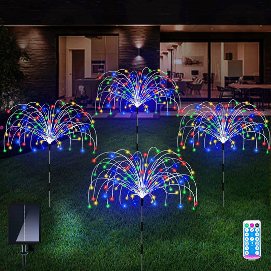 Rynx | Qocnam Outdoor Solar Garden Lights, Fireworks Lights 4 Pack Waterproof Decorative Path Lights, 120Led Flashing Lights Solar Outdoor Decor For Patio Garden Party Yard Decorations Outdoor, Colorful