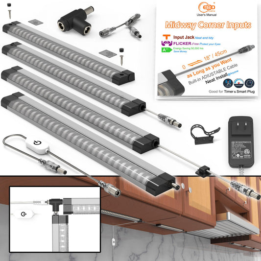 Rynx | Ebd Under Cabinet Light Hardwired Built-in Adjustable Cable Midway Entrance Bookshelf Plug-in Light Bar 4 Pcs Touch Light 1800 Lm