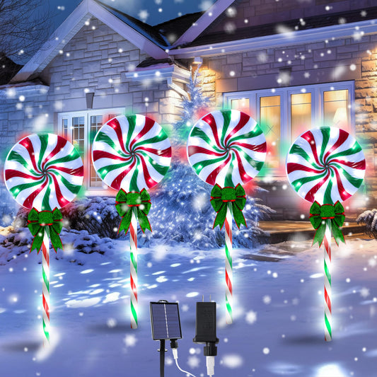 Rynx | 4 Pack 27.5'' Lollipop Peppermint Christmas Path Light Outdoor With Bow, Green Red White 80 Led Solar Candy Cane Light 8 Mo