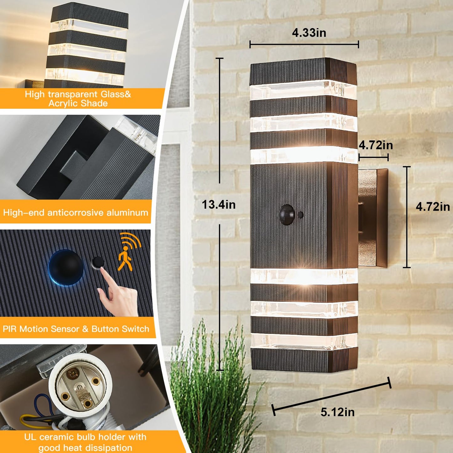 Rynx | Delicavy Motion Sensor Outdoor Wall Lamp, Dusk To Dawn Sconce With 2 Dimmable Bulbs