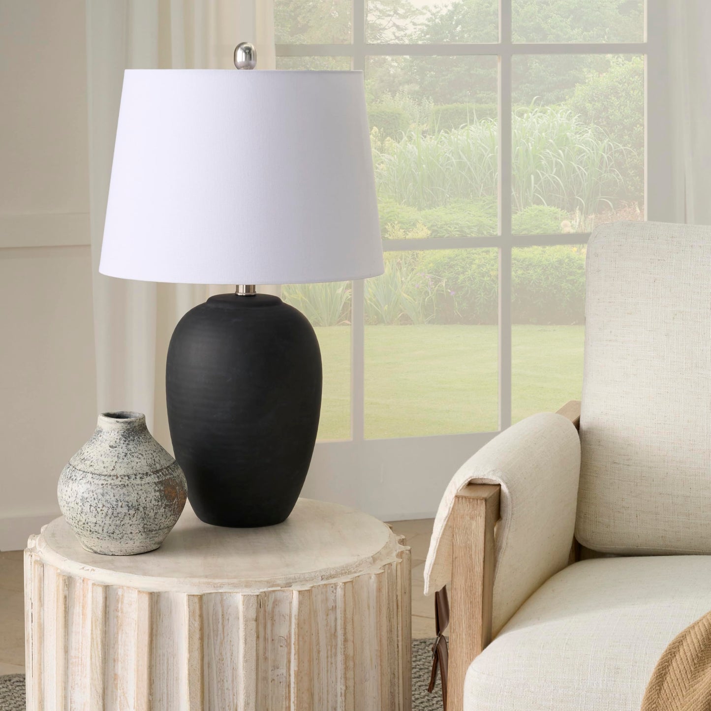 Rynx | Nourison 23'' Black Vintage Distressed Ceramic Pot Table Lamp For Bedroom, Living Room, End Table, With White Conical Drum Shade