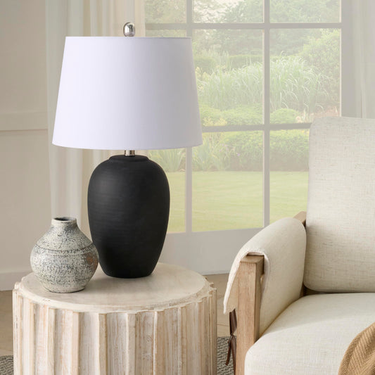 Rynx | Nourison 23'' Black Vintage Distressed Ceramic Pot Table Lamp For Bedroom, Living Room, End Table, With White Conical Drum Shade