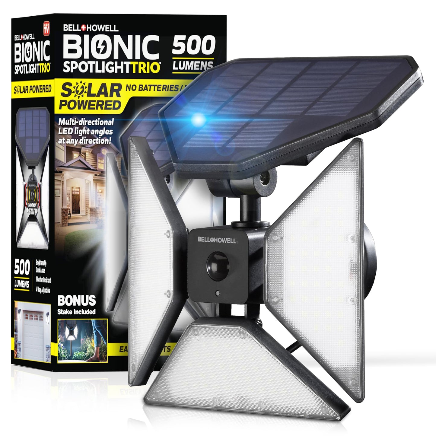 Rynx | Bell+Howell Bionic Trio Solar Light Outdoor With Motion Sensor, Super Bright Landscape Spotlight For Outdoor, Patio, Garden And Yard – 500 Lumen, Black, As Seen On Tv (Cool White)