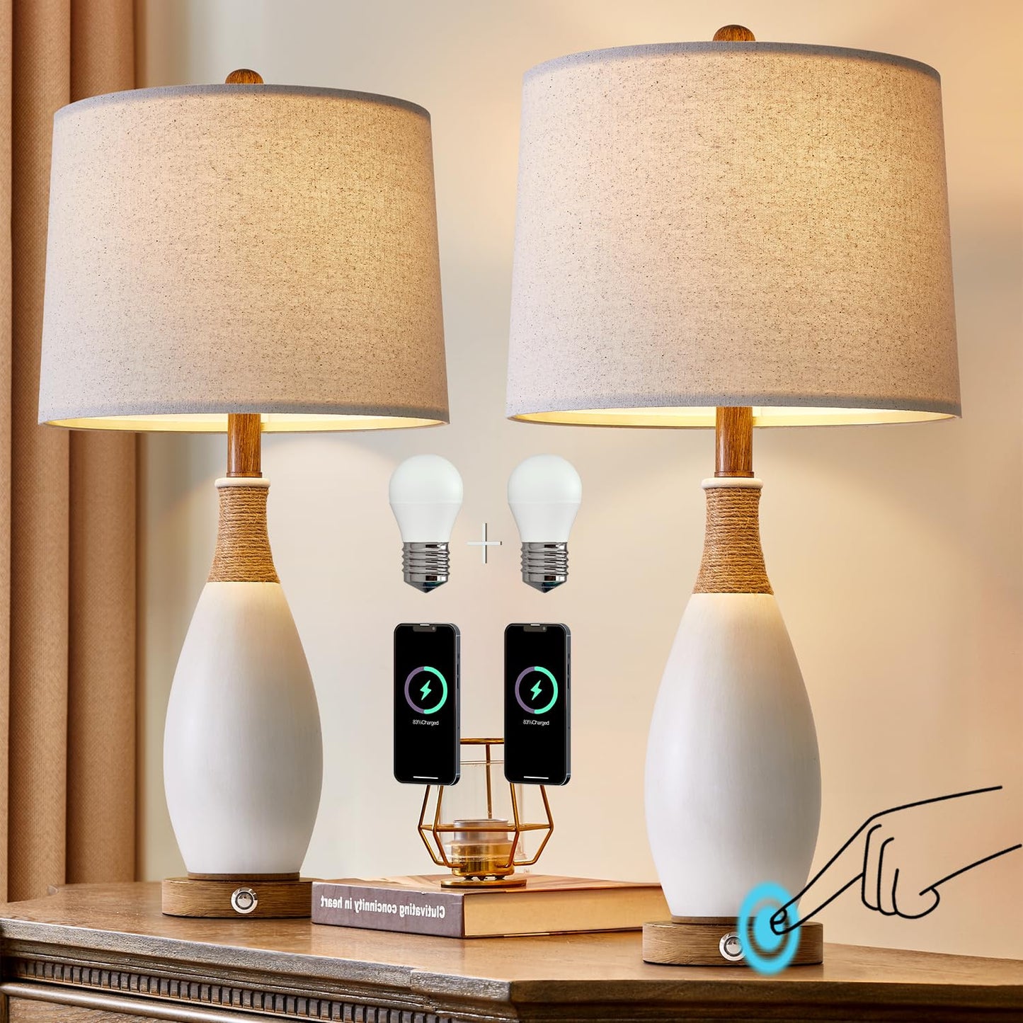 Rynx | Partphone Modern Accent Ceramic Table Lamp Set of 2, 18.5'' White Nightstand Lamp for Bedroom with 3-Color Temperature Lamps,