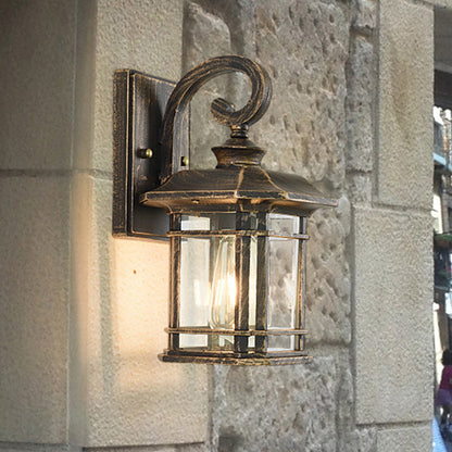 Rynx | Bronze Curvy Arm Wall Lighting Country Clear Wave Glass Single-Head Outdoor Wall Lamp