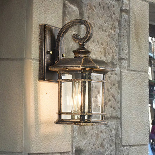Rynx | Bronze Curvy Arm Wall Lighting Country Clear Wave Glass Single-Head Outdoor Wall Lamp
