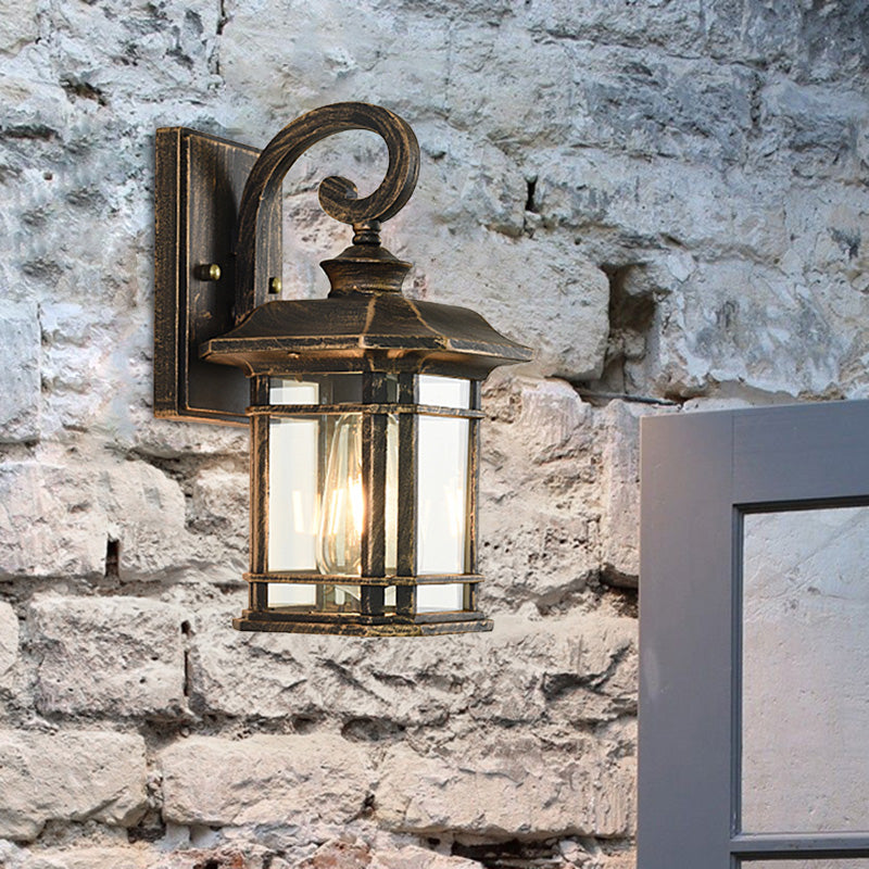 Rynx | Bronze Curvy Arm Wall Lighting Country Clear Wave Glass Single-Head Outdoor Wall Lamp