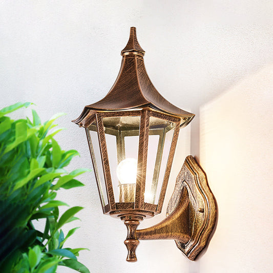 Rynx | Clear glass pavilion wall lamp retro 1 light courtyard wall lighting fixture in bronze