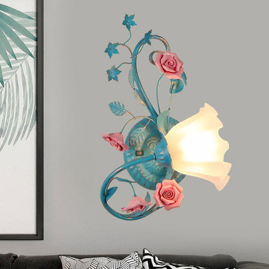 Rynx | One-Sided Opal Matte Glass Wall Lamp Pastoral Blue-Pink/Blue-White Scroll Flower Corner Wall Lamp, Left/Right