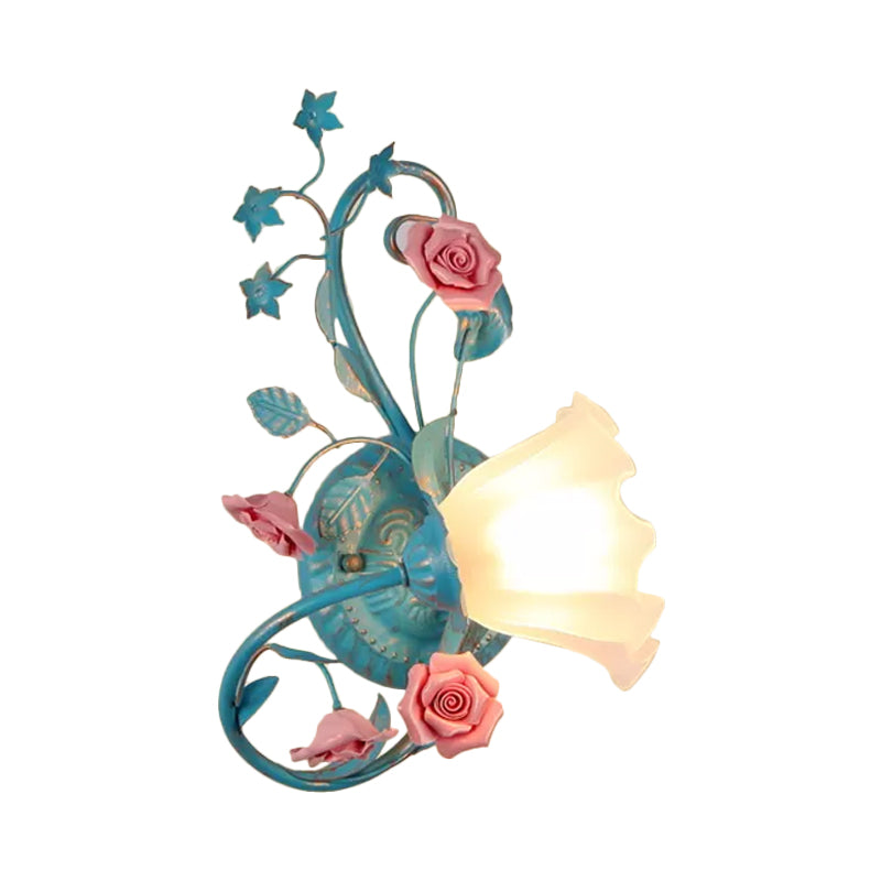Rynx | One-Sided Opal Matte Glass Wall Lamp Pastoral Blue-Pink/Blue-White Scroll Flower Corner Wall Lamp, Left/Right