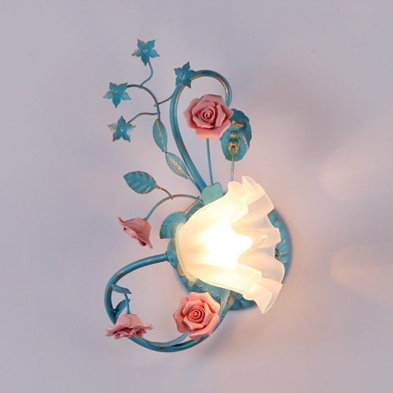 Rynx | One-Sided Opal Matte Glass Wall Lamp Pastoral Blue-Pink/Blue-White Scroll Flower Corner Wall Lamp, Left/Right