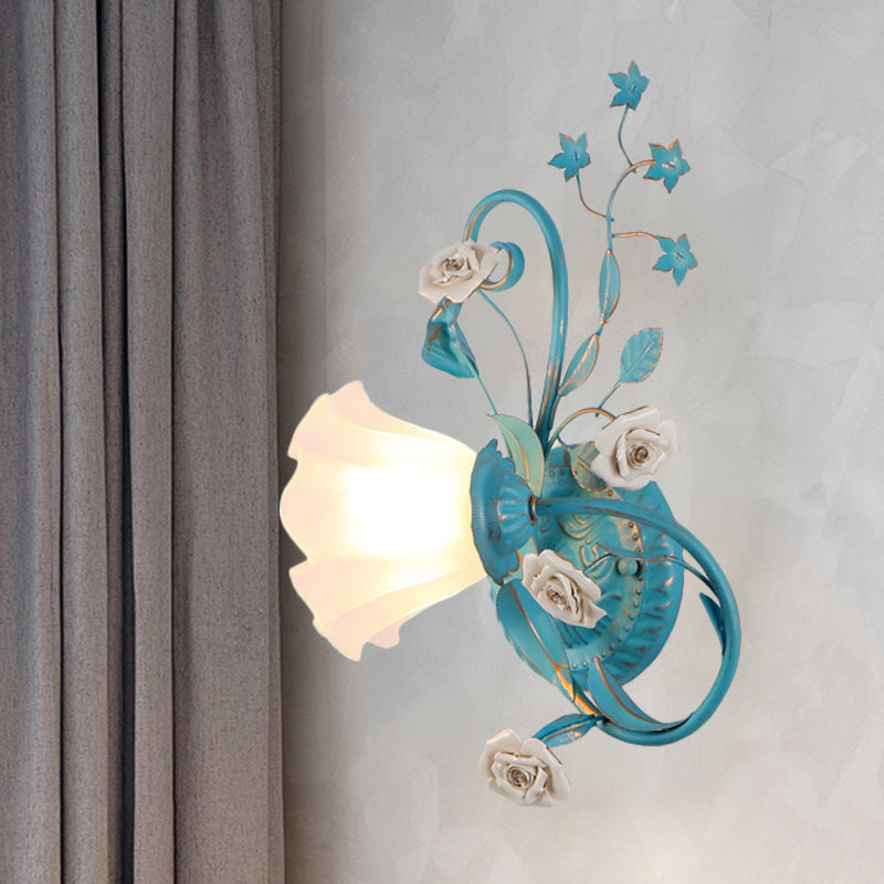 Rynx | One-Sided Opal Matte Glass Wall Lamp Pastoral Blue-Pink/Blue-White Scroll Flower Corner Wall Lamp, Left/Right