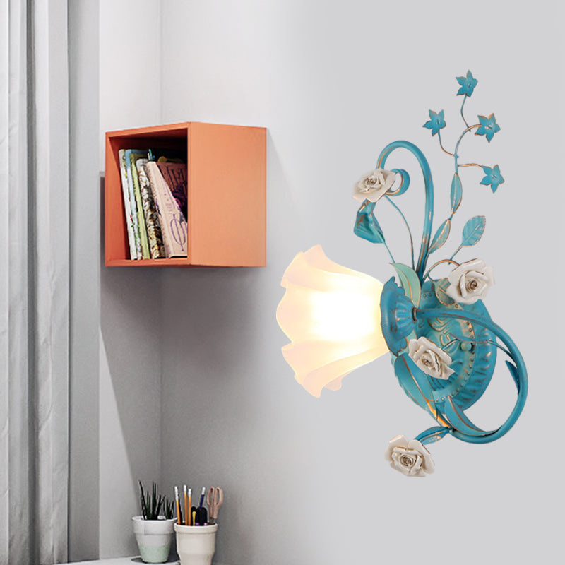 Rynx | One-Sided Opal Matte Glass Wall Lamp Pastoral Blue-Pink/Blue-White Scroll Flower Corner Wall Lamp, Left/Right